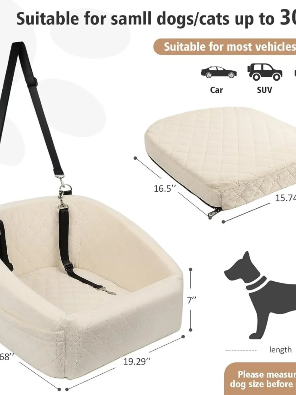Dog Car Seat for Small/Medium Dogs Under 30lbs, Detachable, Washable, White, New